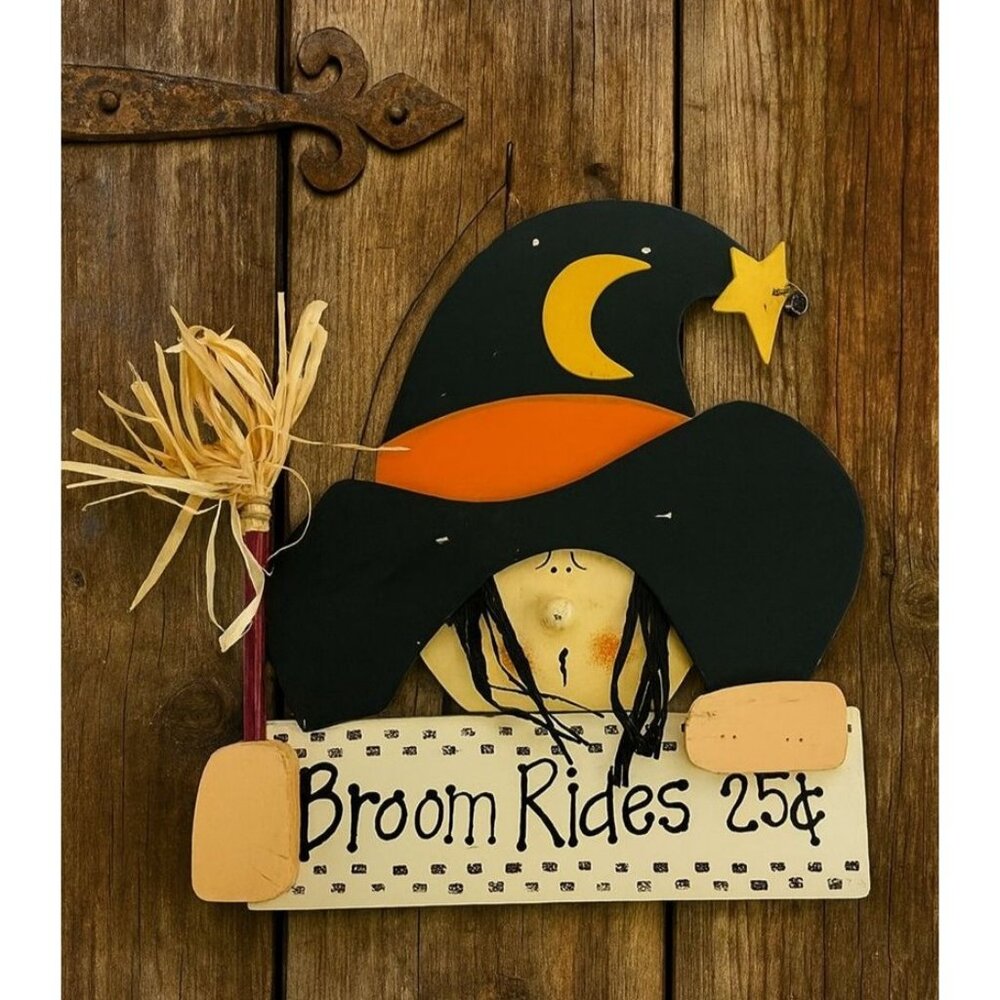 Wooden Halloween Witch Sign Broom Stick Broom Rides 25 Cents Whimsical Decor
